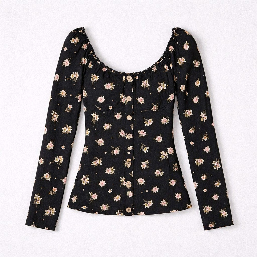 No Boundaries Black Floral Long Sleeve Scoop‎ Neck Top Size M
